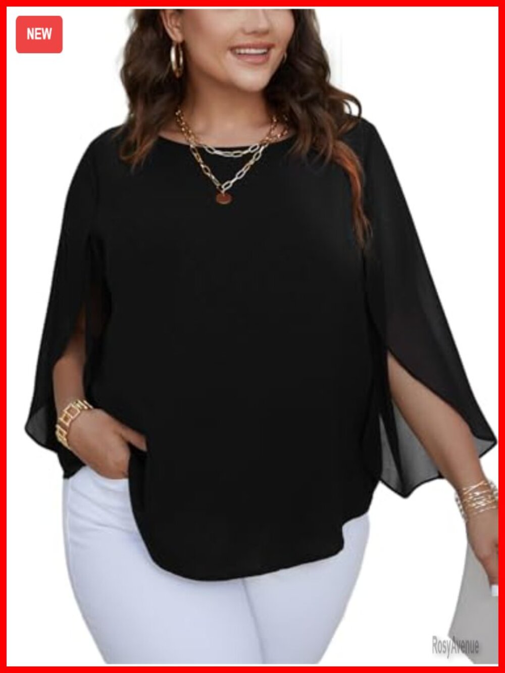 Plus Size Chiffon 3/4 Sleeve Tunic Top Scoop Neck Flowy Blouse